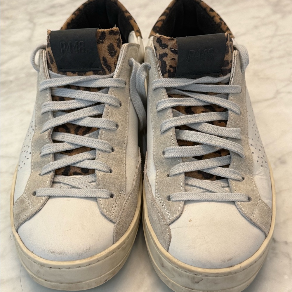 White and Gray Sneakers with Leopard Print Detail